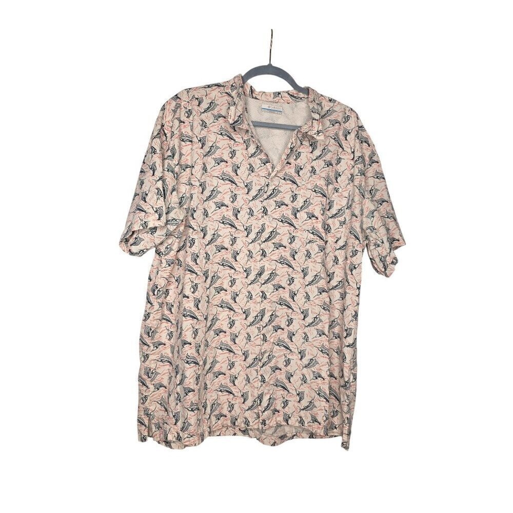 Columbia Shirt Mens Xxl 2xl White Geometric Pfg Fish Fishing Button Up Collared